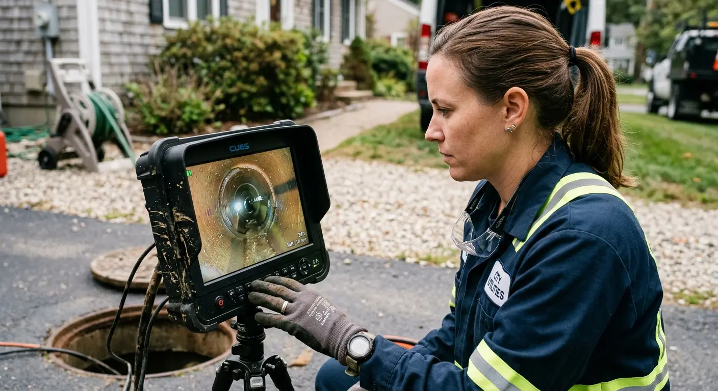 Technician reviewing sewer camera inspection footage in Contra Costa Centre