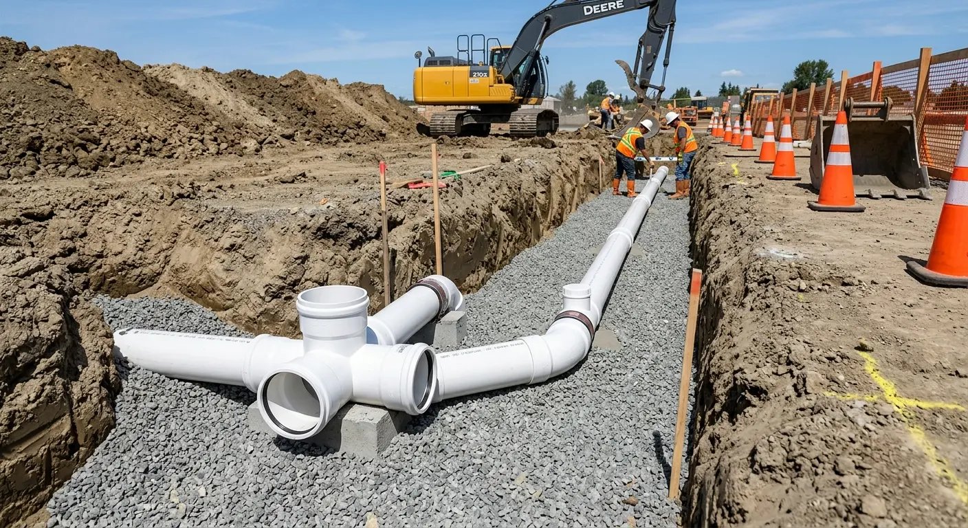 New PVC sewer pipe installation in open trench for Sewer Backup in Contra Costa Centre