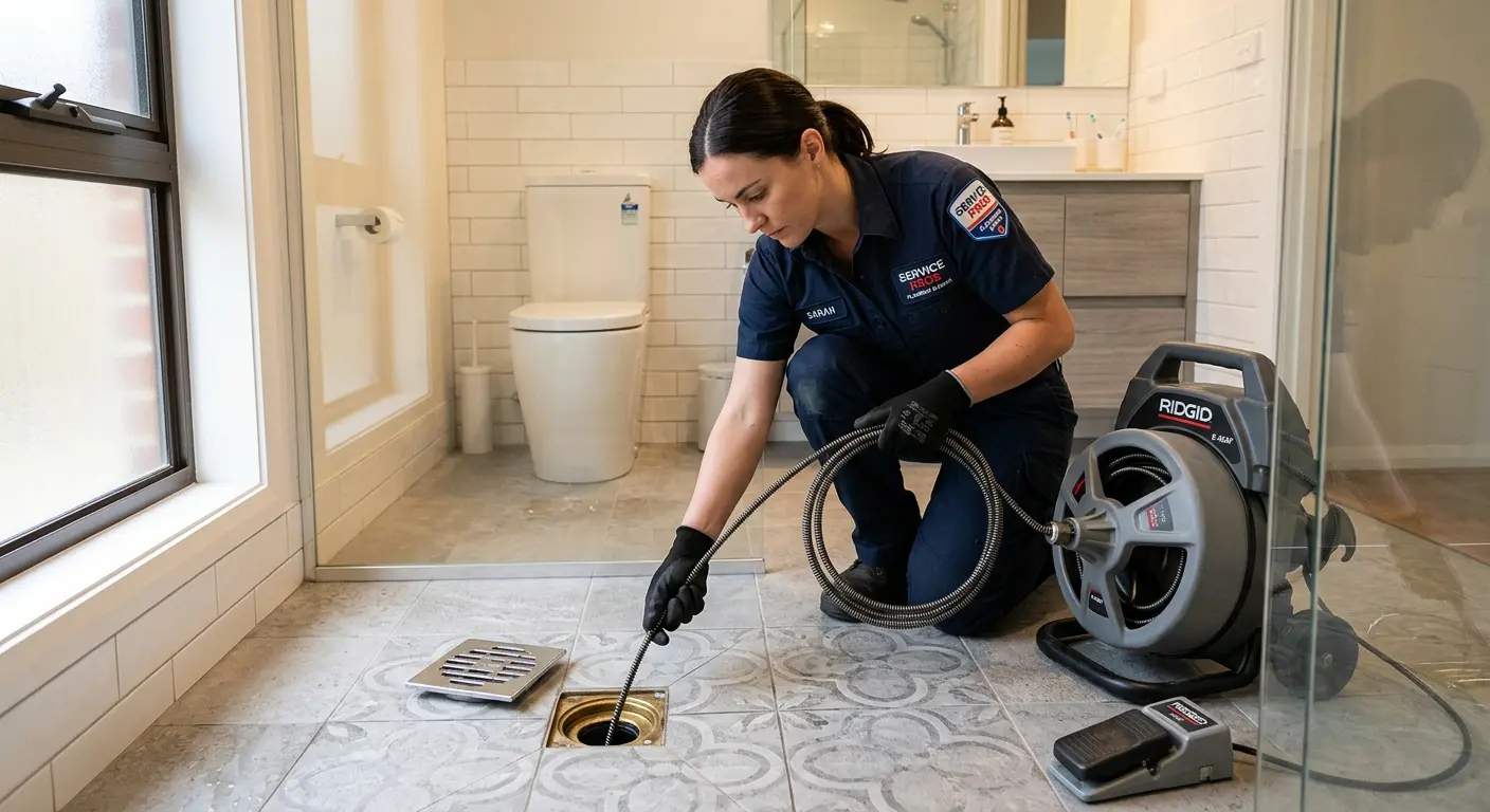 Technician clearing a bathroom floor drain for Drain Cleaning in Contra Costa Centre
